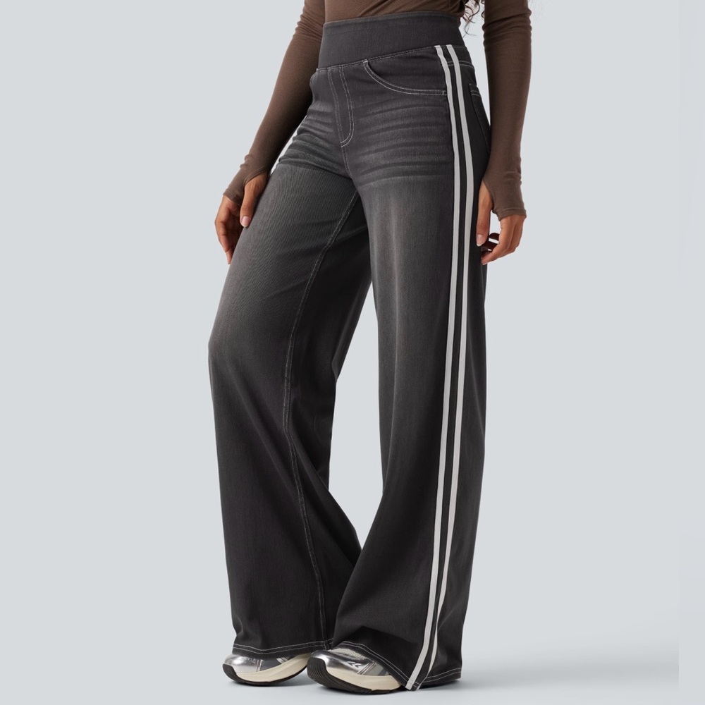 Halara Flex Black Wide-leg Side Stripe Denim Jeans Size M